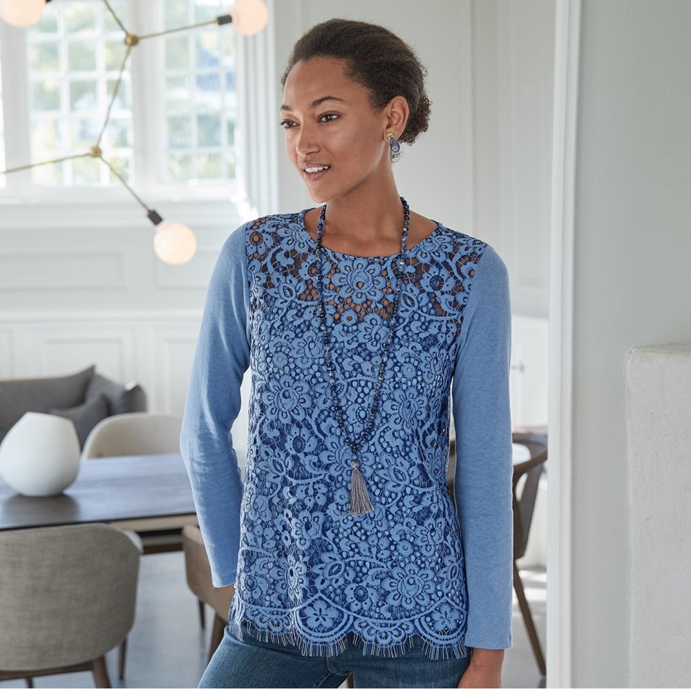 Sundance Ariadna Top Blue Long Sleeve Round Neck Lace A21